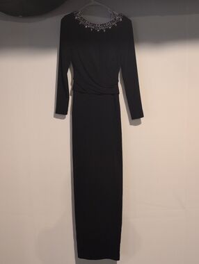 Dress the Population Black Long-Sleeve Maxi Dress with Jeweled Neckline